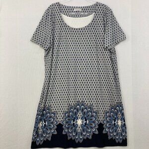 Estelle size 2X Blue White Floral Abstract Geometric Stretch Shift Dress
